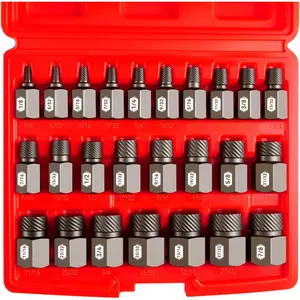 25- 3/8" Drive  Bolt Extractor Set, 1/8" - 7/8", Hex  Multi-Spline Easy Out Screw Extractor Set for Removing Broken Studs, , Screws, CR-MO Steel, with Heavy Duty Case