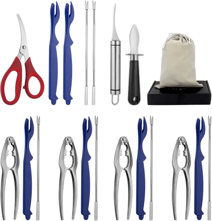 Seafood tool set lncludes 4 crab walnut clips, 6 seafood forks, 6 lobster claws, 1 seafood scissors, 1 oyster knife, 1 shrimp cleaning tool, 1 storage bag, 20 seafood tool sets