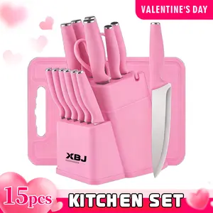 GalentinesDay15Pcs  Knife Set With Solid Wood & Plastic Knife Block, Japanese-Style Knife, Meat/Vegetable Knife, Chicken Bone Knife & German-Style Steak Knife. Multi-Color Stainless Steel, Practical for Home Use & Ideal as a Gift.   Modern Utensils
