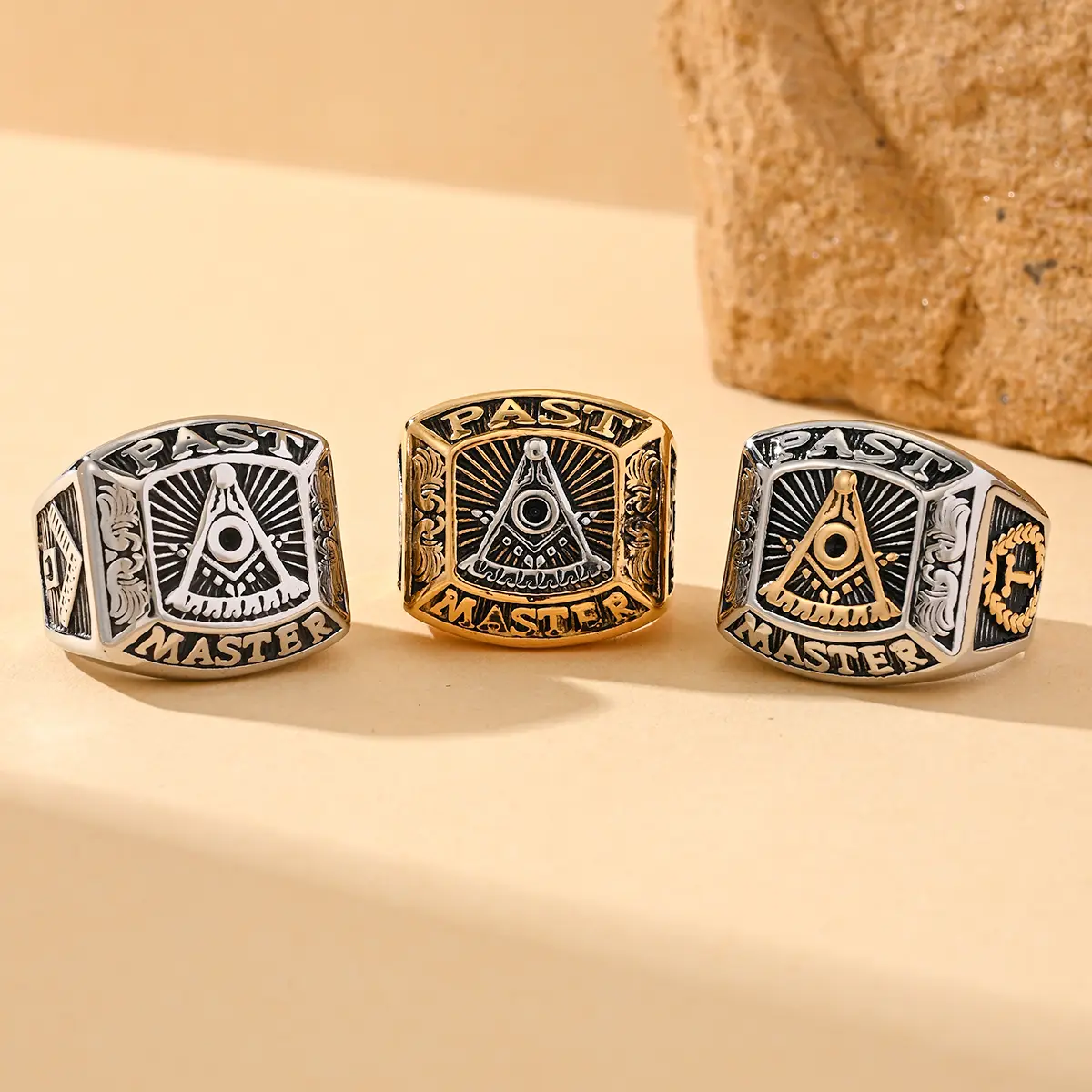 Men's Adjustable Square Brass & Stainless Steel Ring - Freemason AG Letter, Retro Hip-Hop Punk Style Thanksgiving Fashion Costume Jewelry Accessory, Steel Rings
