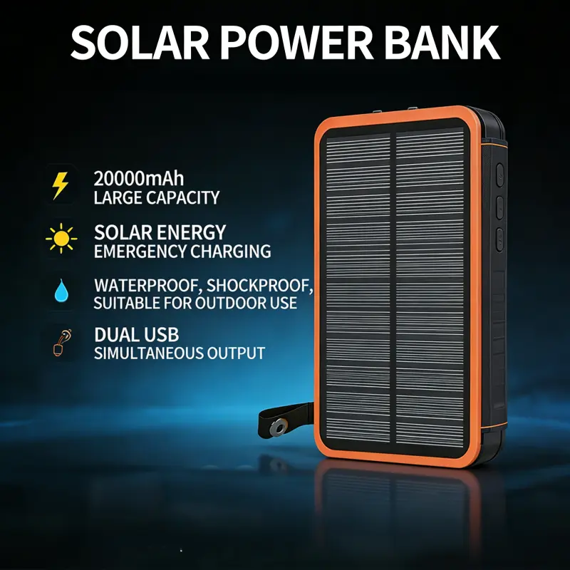 20000mAh Solar Powered Compact Power Bank, IP67 Waterproof Portable Charger with Foldable Solar Panels, Built-in LED Lamp, Fast Charging for Mobile Phones, USB Devices & Off-Grid Travel Mobile Accessories, Two Ports
