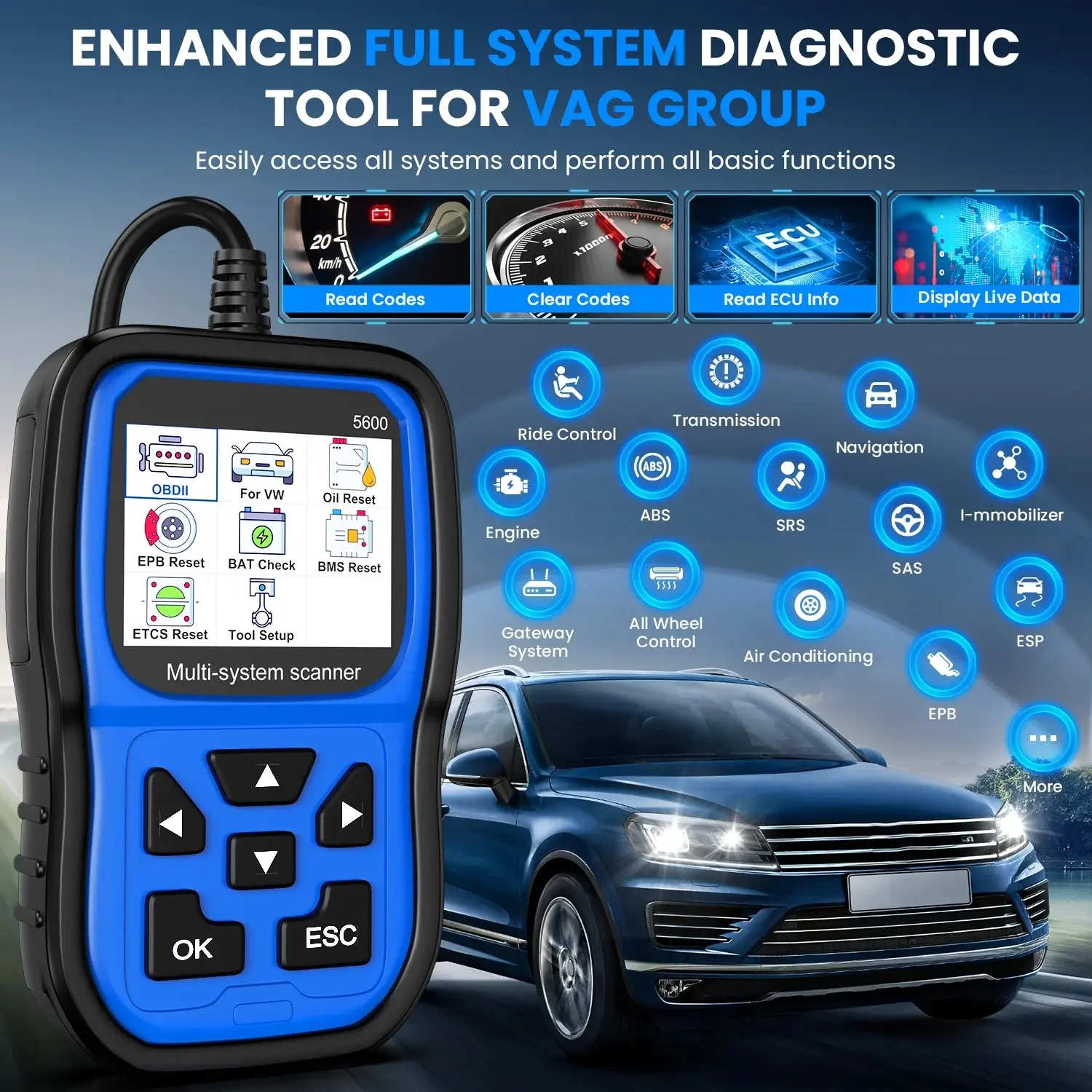 5600 OBD2 Scanner for VW Audi Skoda, ABS SRS EPB Code Reader Diagnostic Tool with Oil Reset, Battery Registration, Throttle Learning, Lifetime Free Update