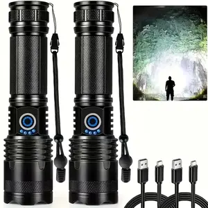 2 PCS Multi-functional Flashlights, High Lumen with Lanyard, 5 Lighting Modes, Ideal for Outdoor Survival, Camping, Fishing, Power Outages and Night Riding, USB Rechargeable, Adjustable Beam, Perfect Holiday Gift