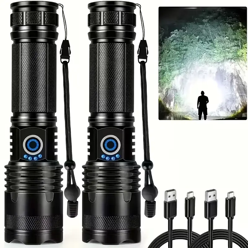 2 PCS Multi-functional Flashlights, High Lumen, USB Rechargeable, Adjustable Beam, 5 Lighting Modes, with Lanyard, Ideal for Outdoor Survival, Power Outages, Perfect Holiday Gift for Home & Festive Gifting Supplies, Flashlight