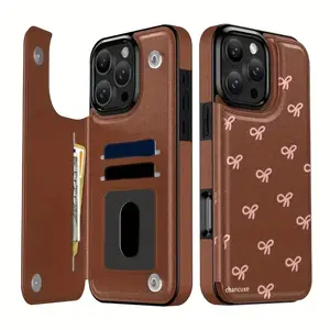 Chic Pink Bowknot Embroidered Leather Wallet Card Holder Phone Case for iPhone 17/16/15/14/13/12 Pro/Plus/Pro Max/Air