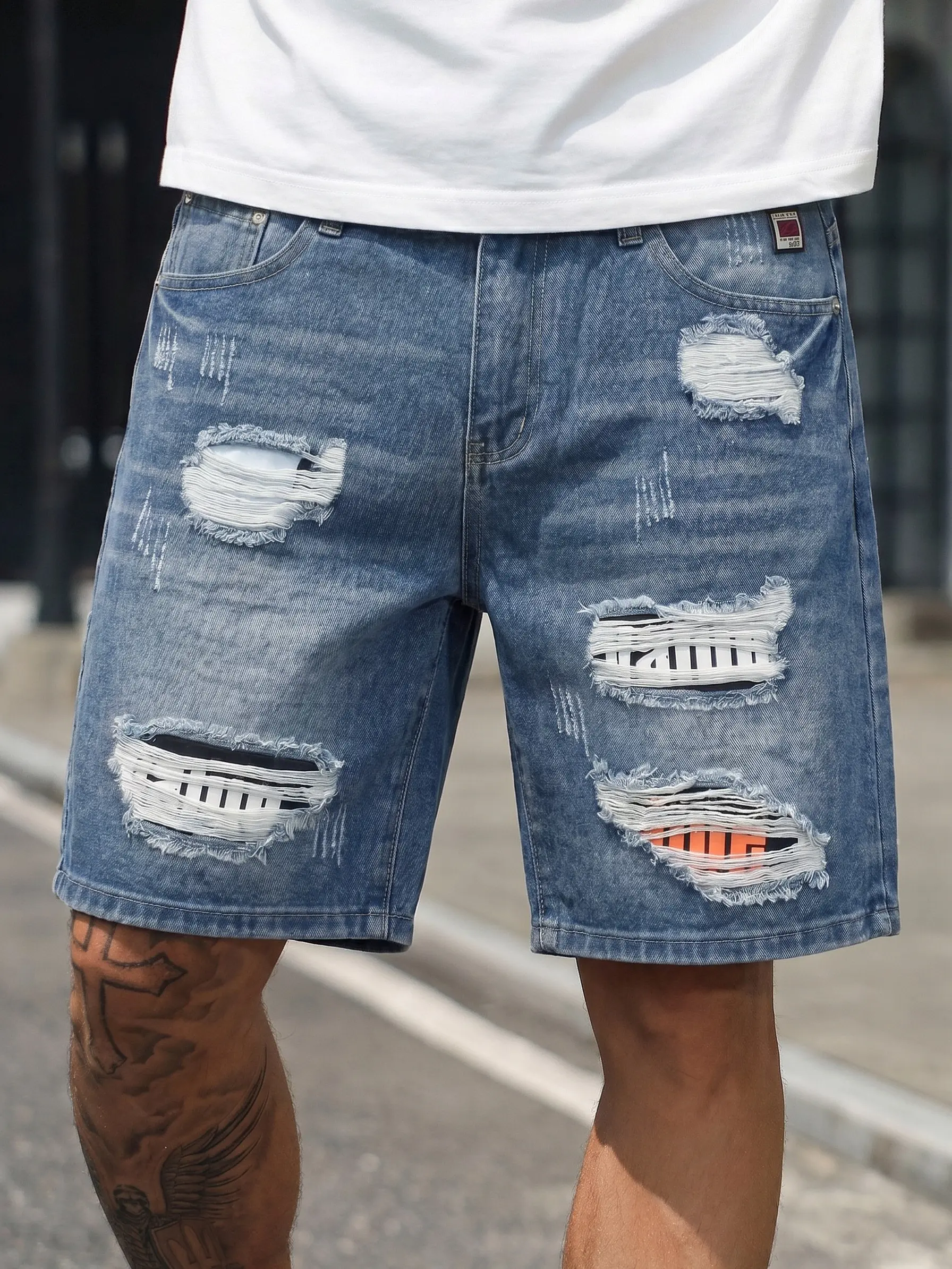 Men's Patchwork Denim Shorts - Vintage Medium Wash Ripped Jorts, Y2K Loose Fit Skater Jean Shorts, Summer High-Street Essential Bottoms