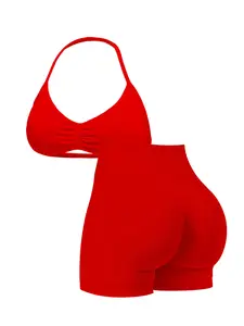 New Women's Seamless Knitted Sport Set, Halter Sports Bra, Three-Section High Waist Shorts, Open Back Design, Ideal for Yoga and Gym, Workout Sets