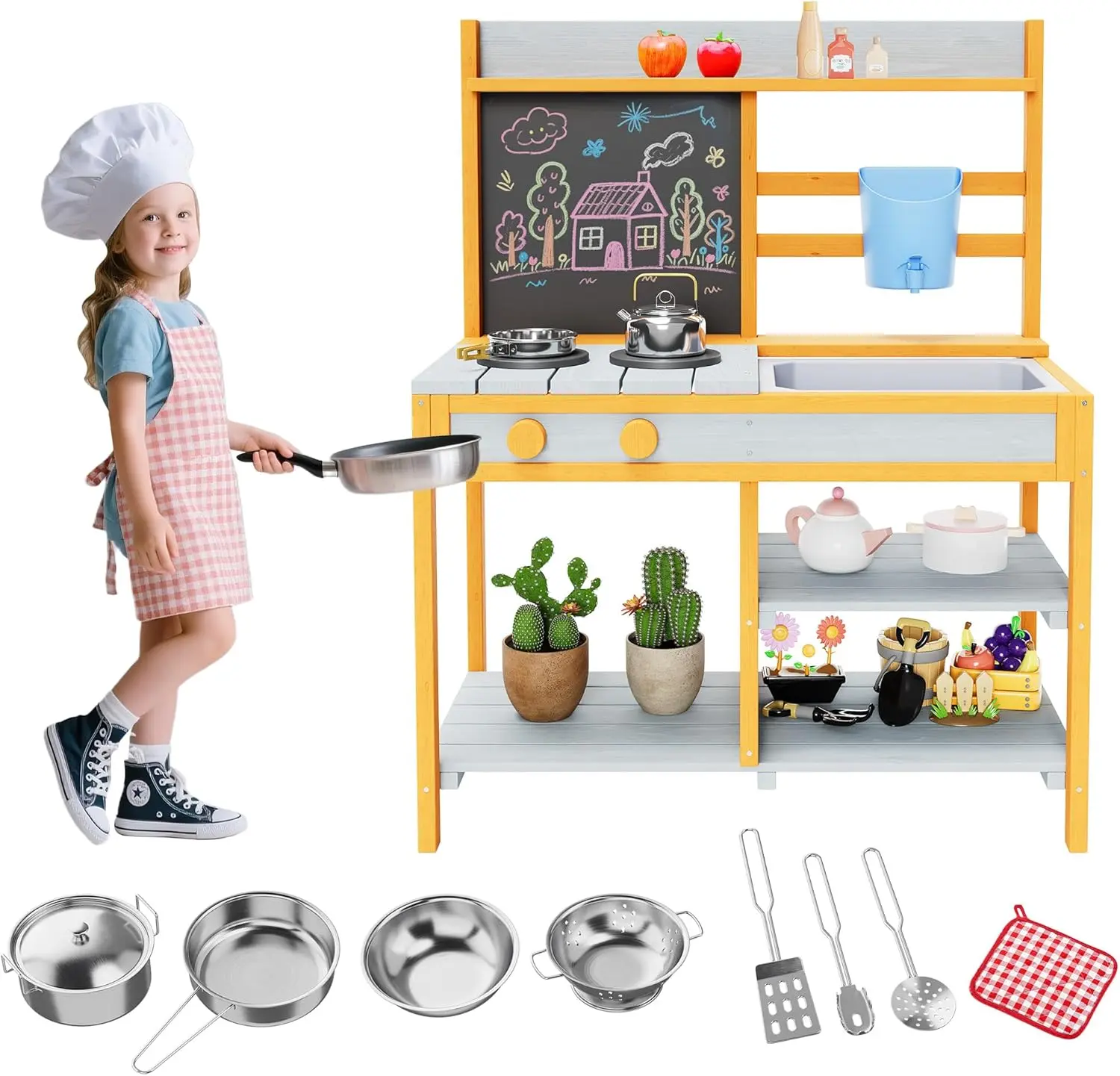 GAOMON Rustic Fir Wood Outdoor Kids' Mud Kitchen Playset, Toddlers+ Pretend Cooking Toy with Removable Sink & Faucet, Dual-Sided Chalkboard, Storage Shelves, Pretend Stove for Backyard Waterplay