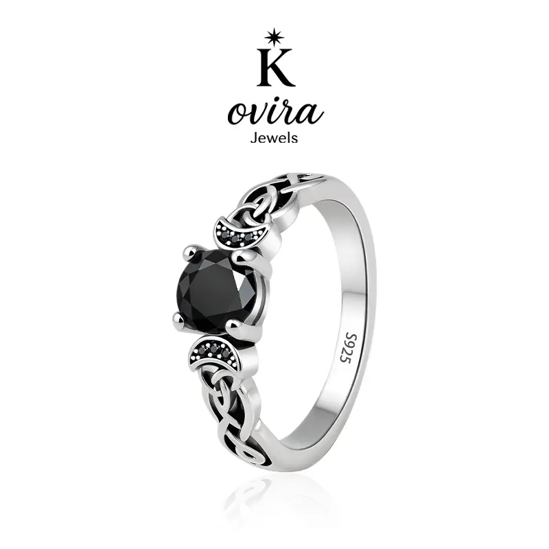 Kovira S925 Sterling Silver Black Obsidian Triple Sun & Moon Ring, Celtic Knot Gothic Statement Jewelry, Vintage Witchy Gift for Women