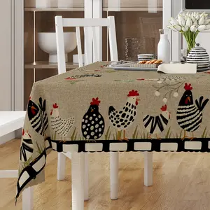 1 retro farmhouse style chicken pattern tablecloth, decorated with rooster and hen patterns - beige polyester rectangular tablecloth, suitable for kitchen, dining room, wedding, party - dining table decoration, Party decoration supplies