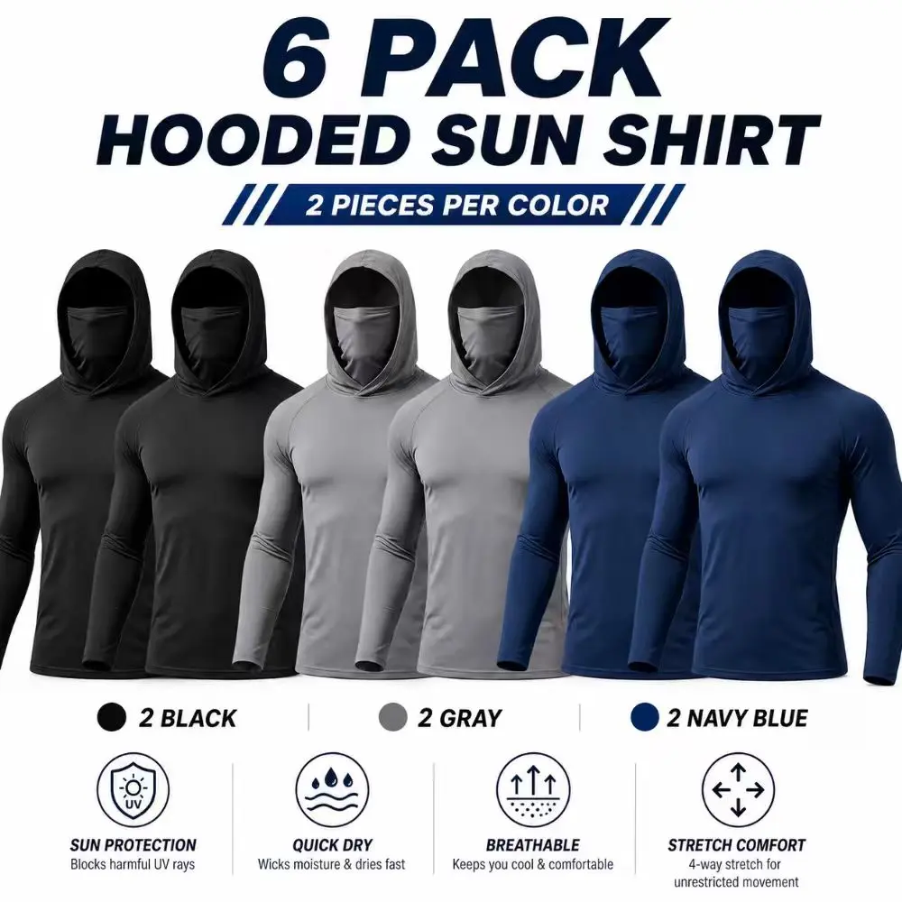 Men’s Lightweight Hoodie Activewear Clothing (3/6 Pack, Unisex, All Seasons) - Polyester High-Stretch Quick-Dry Fabric, UPF Sun Protection, Breathable Long Sleeve with Face Mask for Fishing, Hiking, Outdoor Work