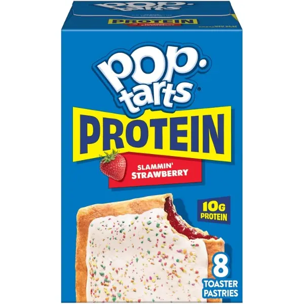 High Protein Sweet Toaster Pastry Snacks - Slammin' Strawberry Flavor with Sprinkles, 10g Protein, Gelatin-Free, Low-Salt, Red 40, Glycerin, Sodium Bicarbonate, 14.3oz Box (8 Pop-Tarts) for Road Trips, Lunch Box