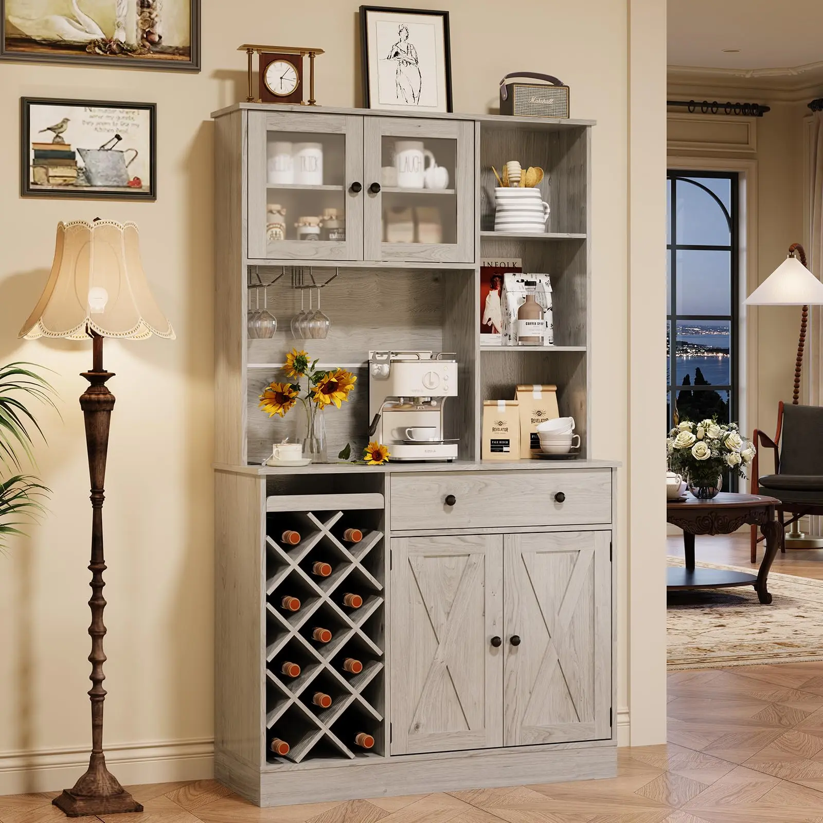 Garvee Coffee Bar Cabinet with Power Outlet and Elegant Barn Doors, Featuring a Sideboard Buffet Design with Wine Bottle Rack, Ideal Storage Solution for Kitchen and Dining Room