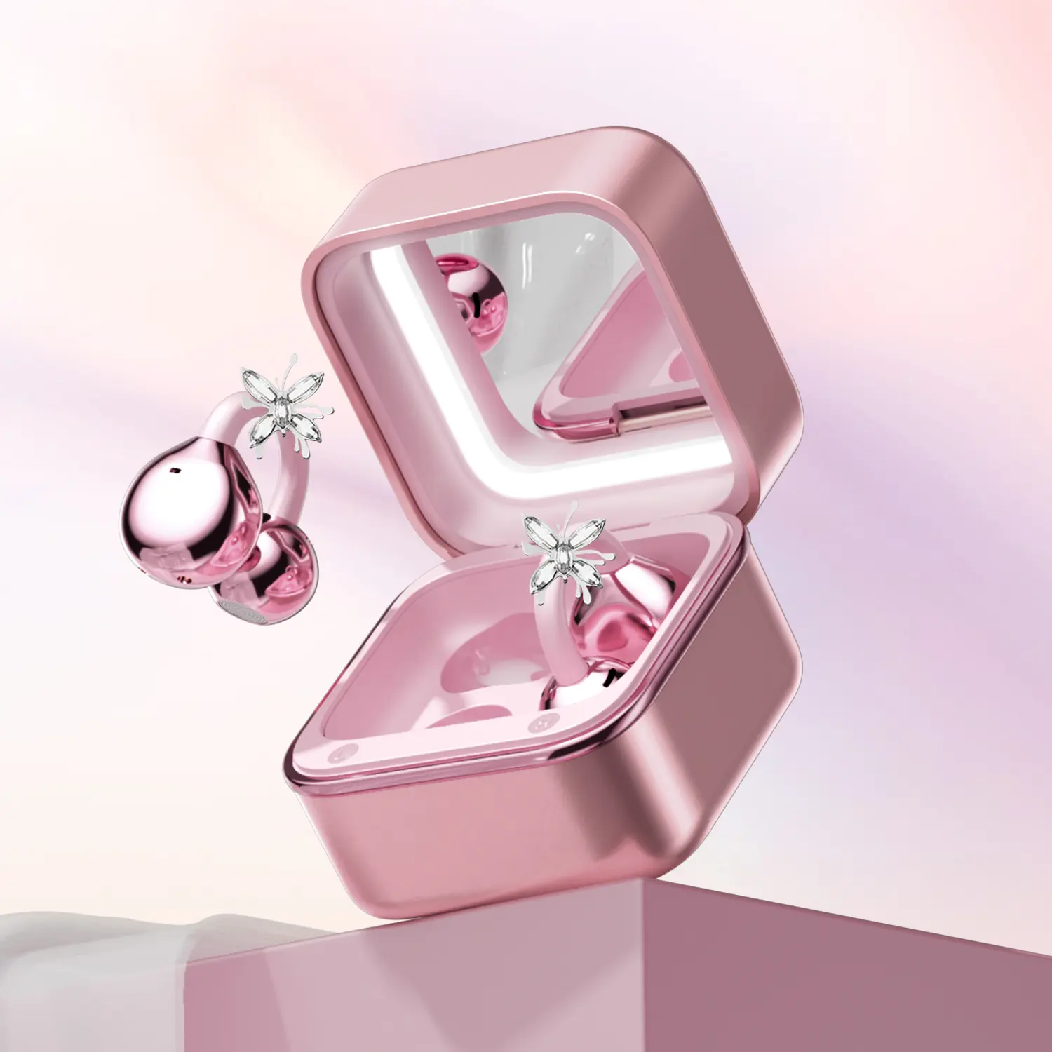 CHENRUIDA Mini Square Wireless Bluetooth Earphones  Features a built-in makeup mirror and fill light, portable makeup tool, 360° panoramic sound effect + active noise cancellation, soft silicone ear tips for comfortable wear, and extra-long battery life.