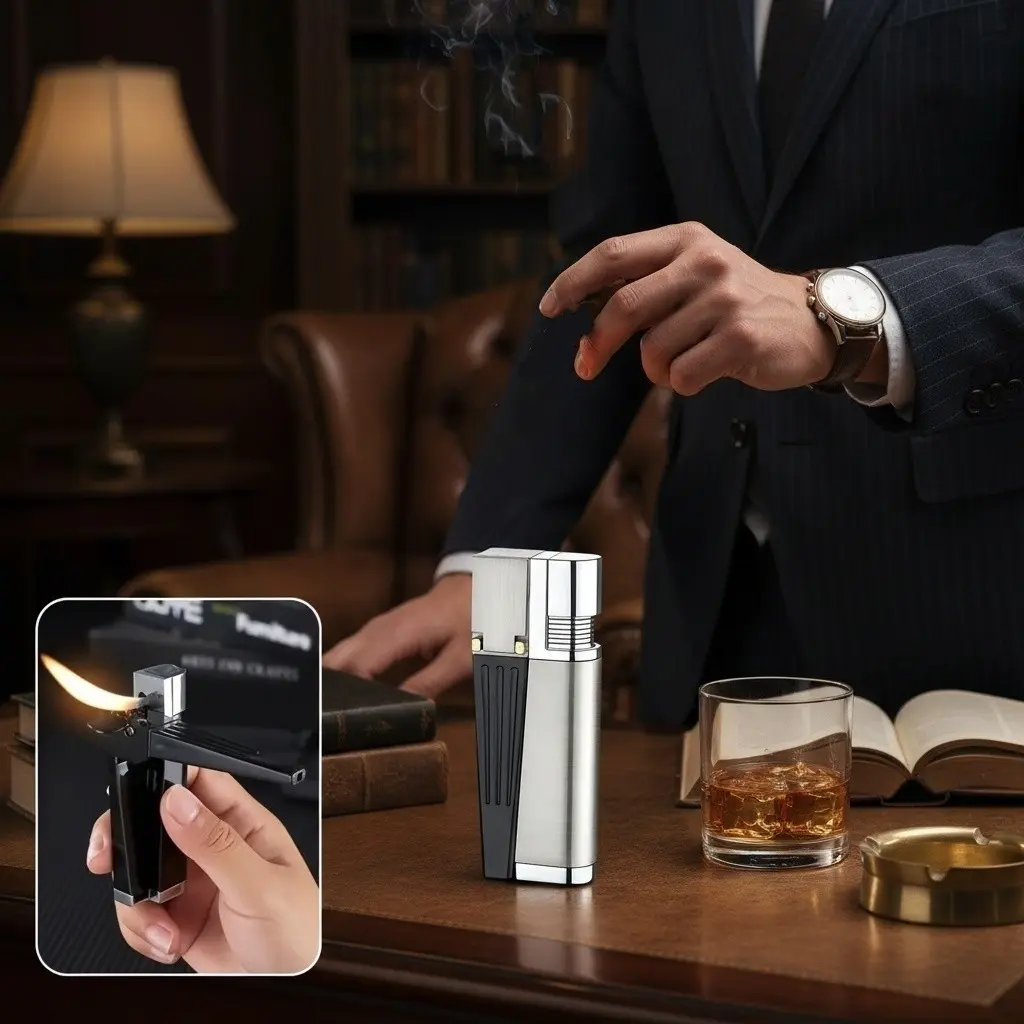 (Butane Gas Not Included) Oldable Pipe torch Lighter, Multipurpose Foldable 2-in-1 Metal Pocket Pipe with Built-in Refillable Butane Lighter and Weed Screen Bowl, Unique Gift for Men