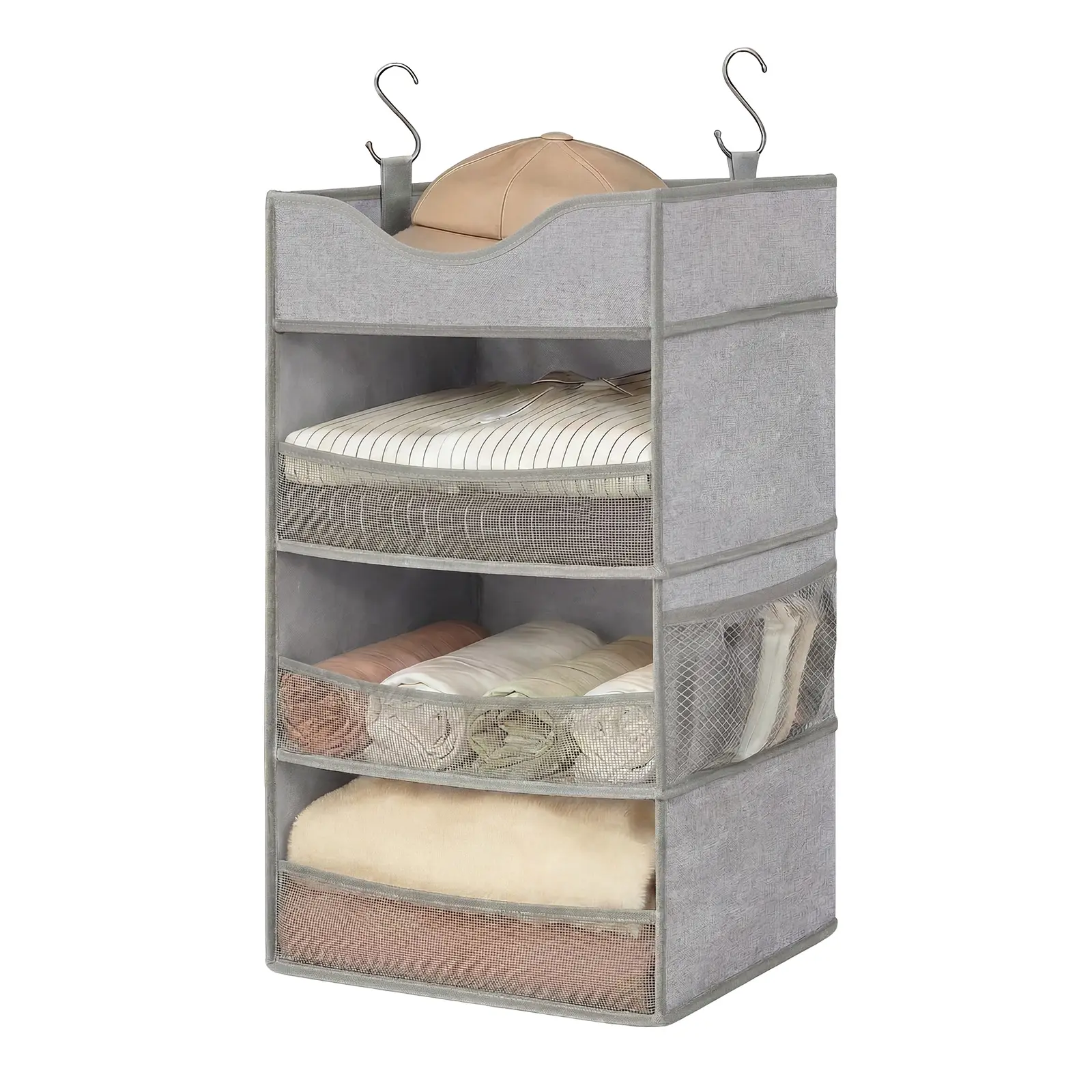 Hanging Closet Organizer, 3-Tier with Top Shelf - Heavy Duty Linen Fabric Storage Shelves for Clothes, Space Saving Hanging Shelves for Bedroom, Closet, Dorm Room, Gray