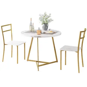 Space-Saving 3-Piece Round Dining Table Set for 2 – Compact Kitchen Table & PU Upholstered Chairs – Modern Apartment, Office Lounge, or Breakfast Nook – Sturdy Wood Frame – Easy Assembly