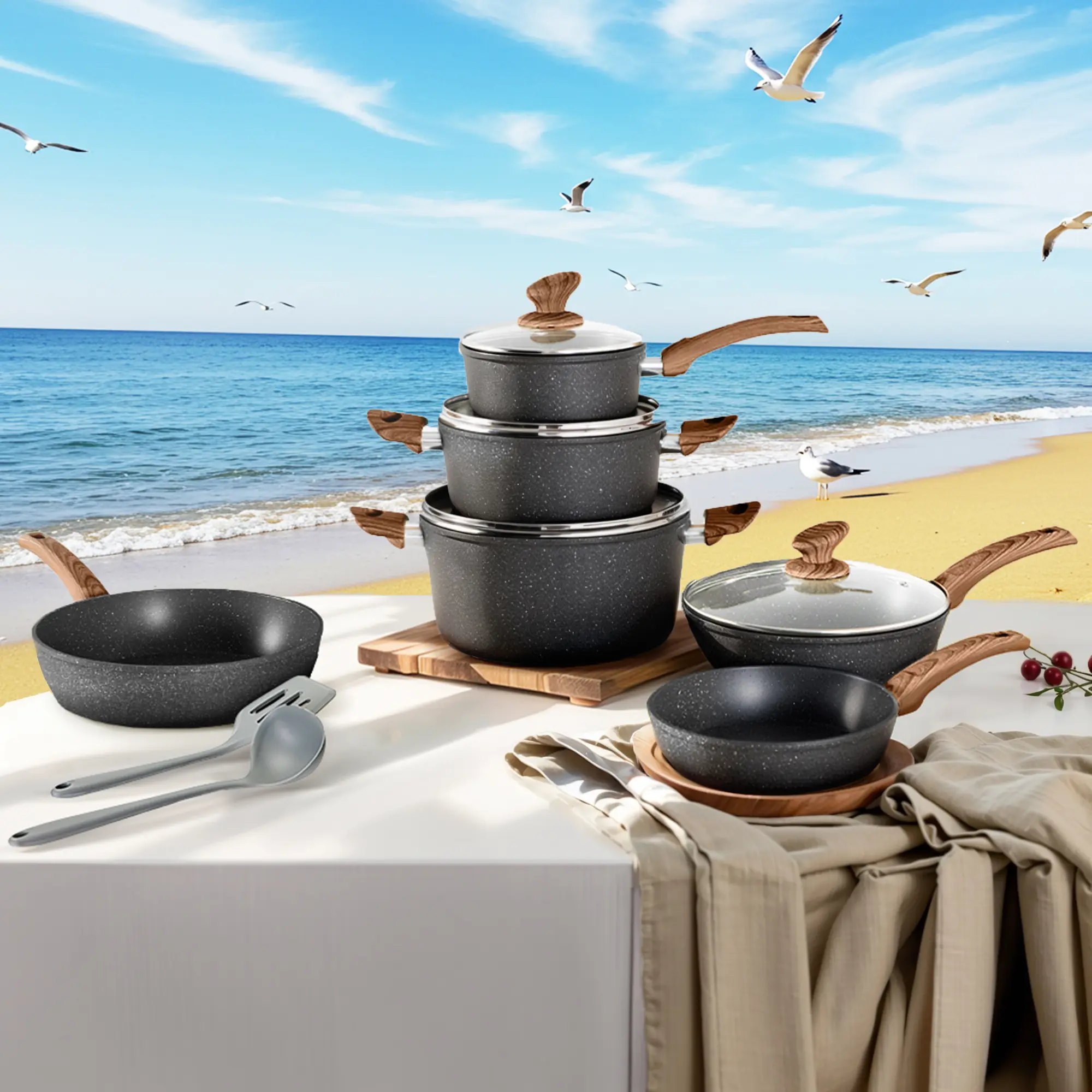 Kitchen Academy Granite Pots and Pans Set Non Stick, 12 Piece Cast Induction Cookware Set, Black Nonstick Kitchen Cooking Set w/Frying Pans & Saucepans