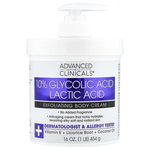 Advanced Clinicals 10% Glycolic Acid, Lactic Acid, Exfoliating Body Cream, 16 oz (454 g)