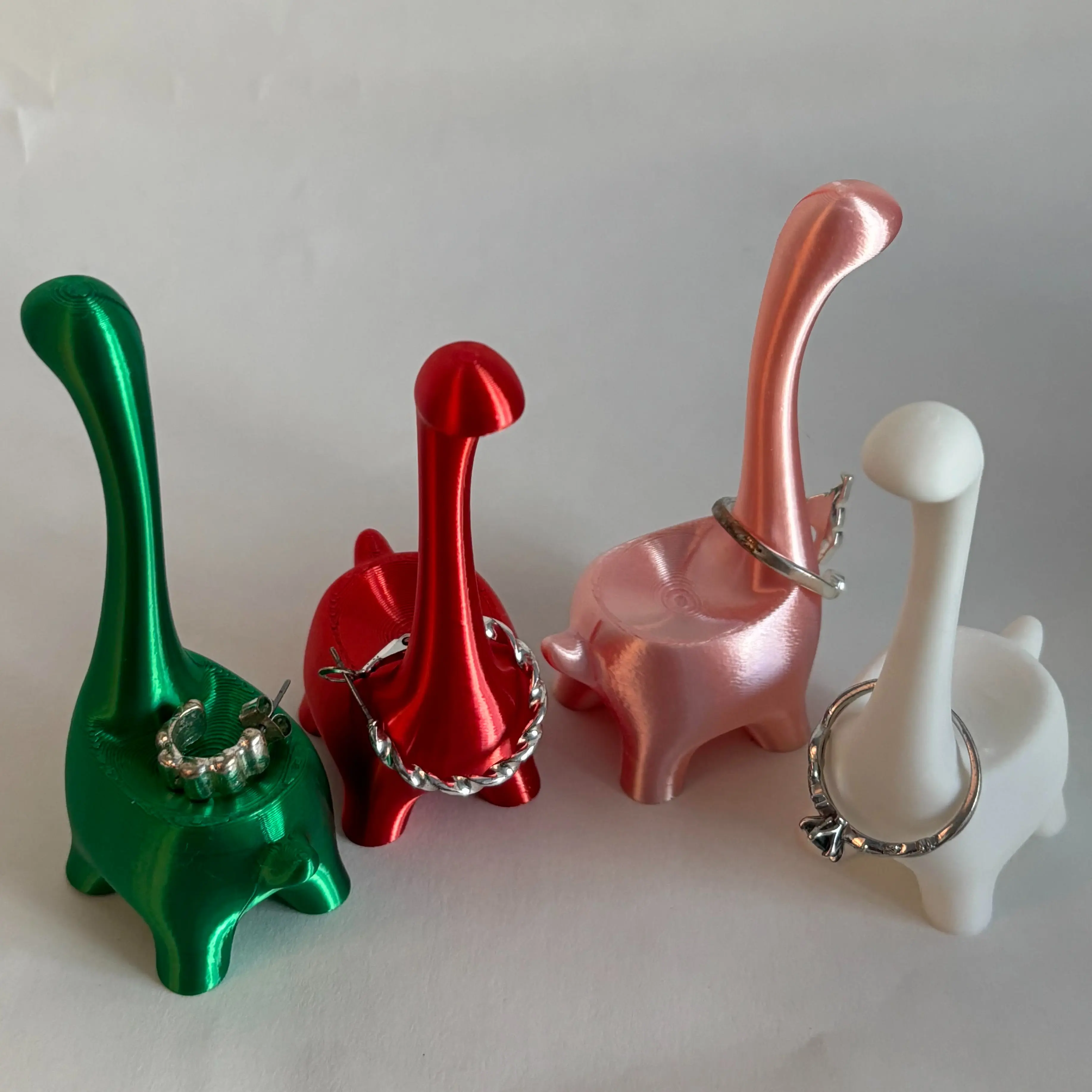 4-Pack Colorful Dinosaur Ring Holders – 3D Printed Jewelry Organizer Set