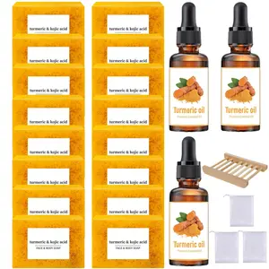Turmeric Skincare Set, 16pcs Turmeric Kojic Acid Soap & 3 Counts Turmeric Oil & 1 Count Soap Dish & 3 Counts Soap Bag, Body & Face Care for Women & Men, Skin Rejuvenating Set, Body Care Sets
