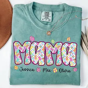 Preppy Easter Mama Comfort colors Shirt, Retro Mama Checkered Easter Sweatshirt Custom Kids Name, Happy Easter Mother Day Gifts, Mommy Tee