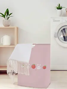 Foldable Rabbit Strawberry Pattern Storage Basket with Handles, Open Design Laundry Basket for Home Use, Ideal for Bathroom & Organizing, Collapsible Laundry Hamper