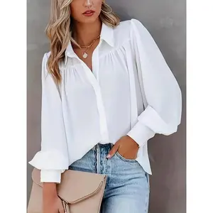 Plus Size Solid Color Lantern Sleeve Button-Up Shirt, Spring and Autumn Casual Elegant Long-Sleeve Collared Top for Women’s Daily Wear GARMENTARY