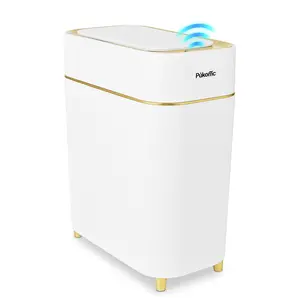 Pukomc Auto-Sensor Trash Bin - Wave & Knee Induction, Quick Voiceless Open, Removable Liner, Battery-Powered White Gold Automatic Dustbin