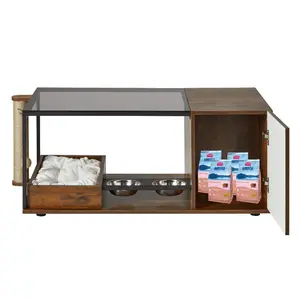 Indoor Cat Coffee Table with Feeding Station - Multi-Functional End Table with Scratching Post, Storage & Cozy Bed