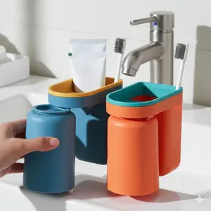 Multifunctional Waterproof Toothbrush Holder with Cup, Bathroom Travel Organizer Wall Mounted, No Installation Toothpaste Shelf, Anti-Slip Dustproof Vanity Storage Solution, Dustproof Toothbrush Holders, Bathroom Accessory