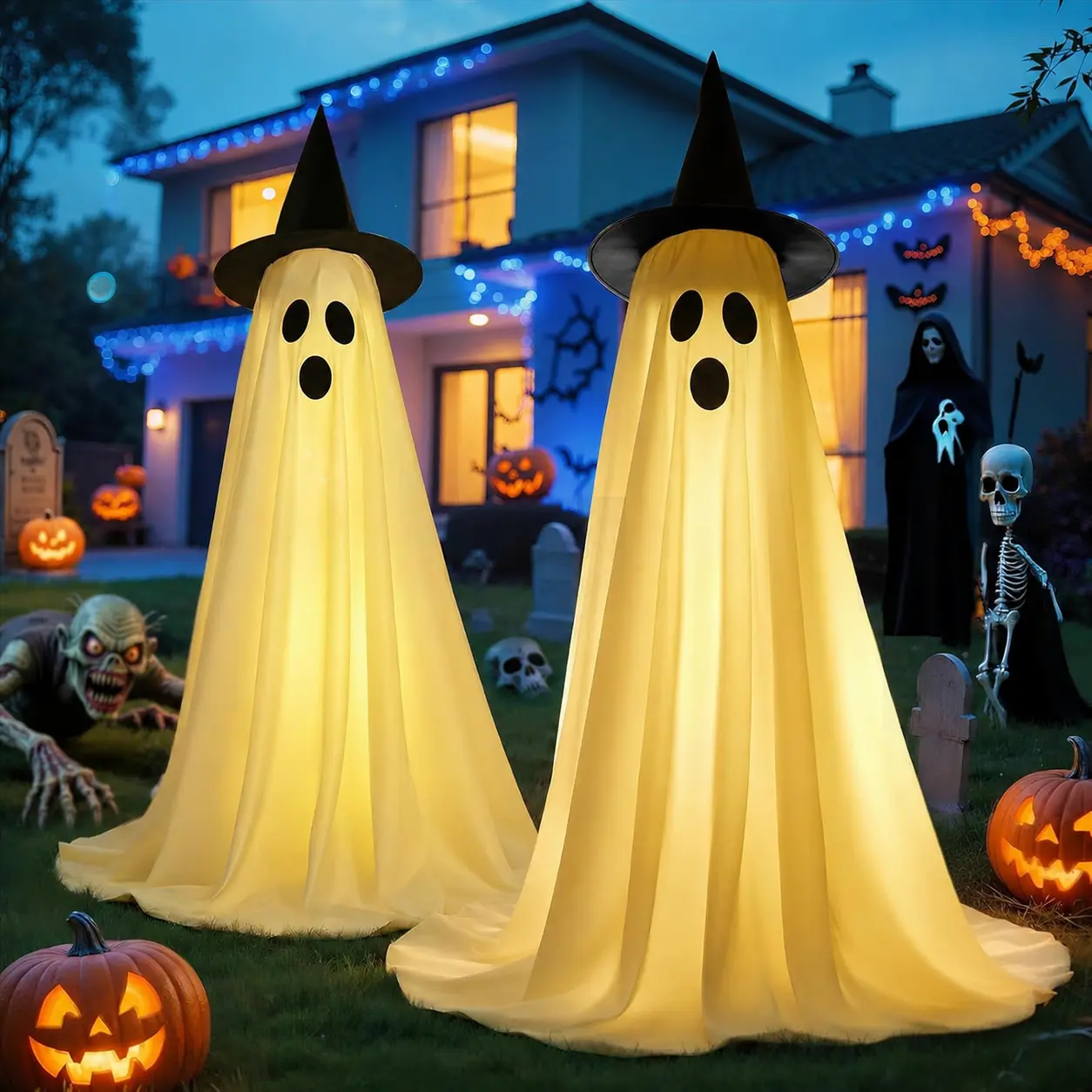 QCLTY Spooky 2-Piece Ghost Motif LED Light Halloween Decoration Kit, 62 in Battery-Powered Set with Light String, Easy-to-Assemble for Front Door, Festive Home Supplies & Halloween Gifts