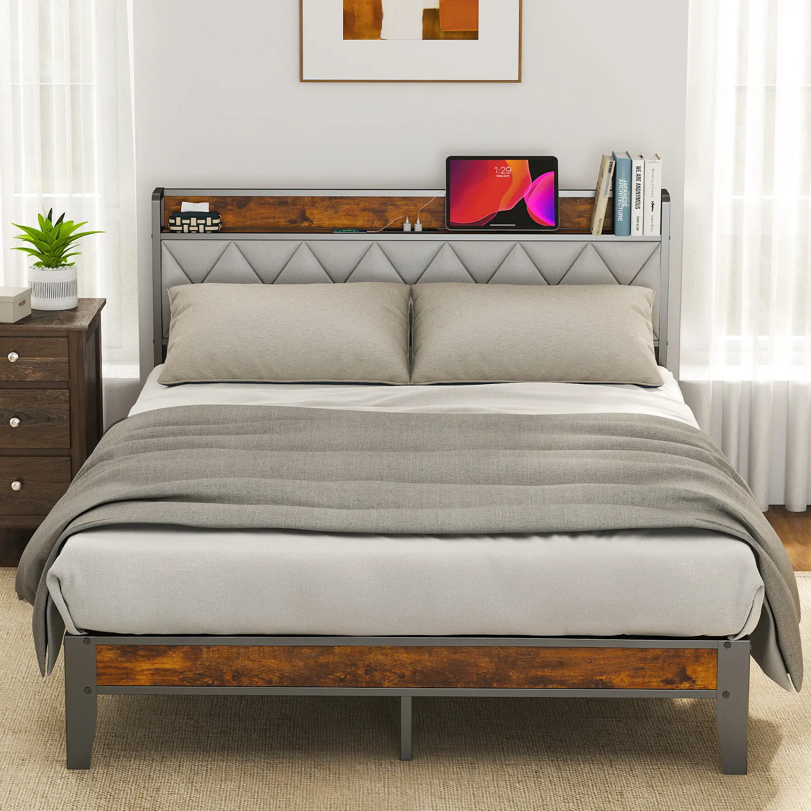 Queen Size Upholstered & Metal Bed Frame with PU Leather Wooden Storage Headboard, Full Size Bed Compatible, Spacious Underbed Storage, Built-In USB Port, Stable Sturdy Silent Structure, Tool-Free Assembly, No Box Spring Required, Classic Design