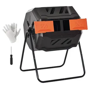 Tumbling Compost Bin – Orange. 360° Dual Chamber Rotating Composter. 43 Gallon (42.3 Gal) Capacity. 16 Ventilation Holes. Robust Steel + Polypropylene. Sliding Doors