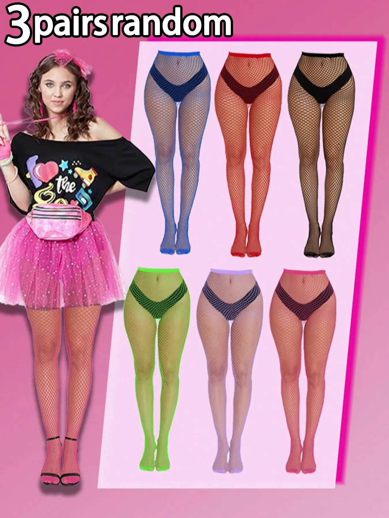3 Pairs Random Color Solid Multicolor Rainbow Print Sexy Fashion Thin Mesh Fishnet Stockings, Sheer High Waist Fitted All Seasons