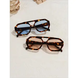 Vintage Leopard Print Square Sunglasses, Tinted Lens Fashion Shades for Daily & Outdoor Wear