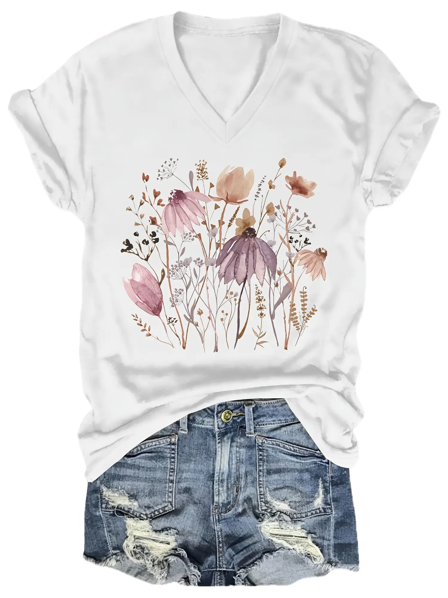 Women's Casual Short Sleeve V-Neck T-Shirt - Soft Lavender & Purple Ombre, Relaxed Fit Blouse for Casual Attire, Machine Washable - Top