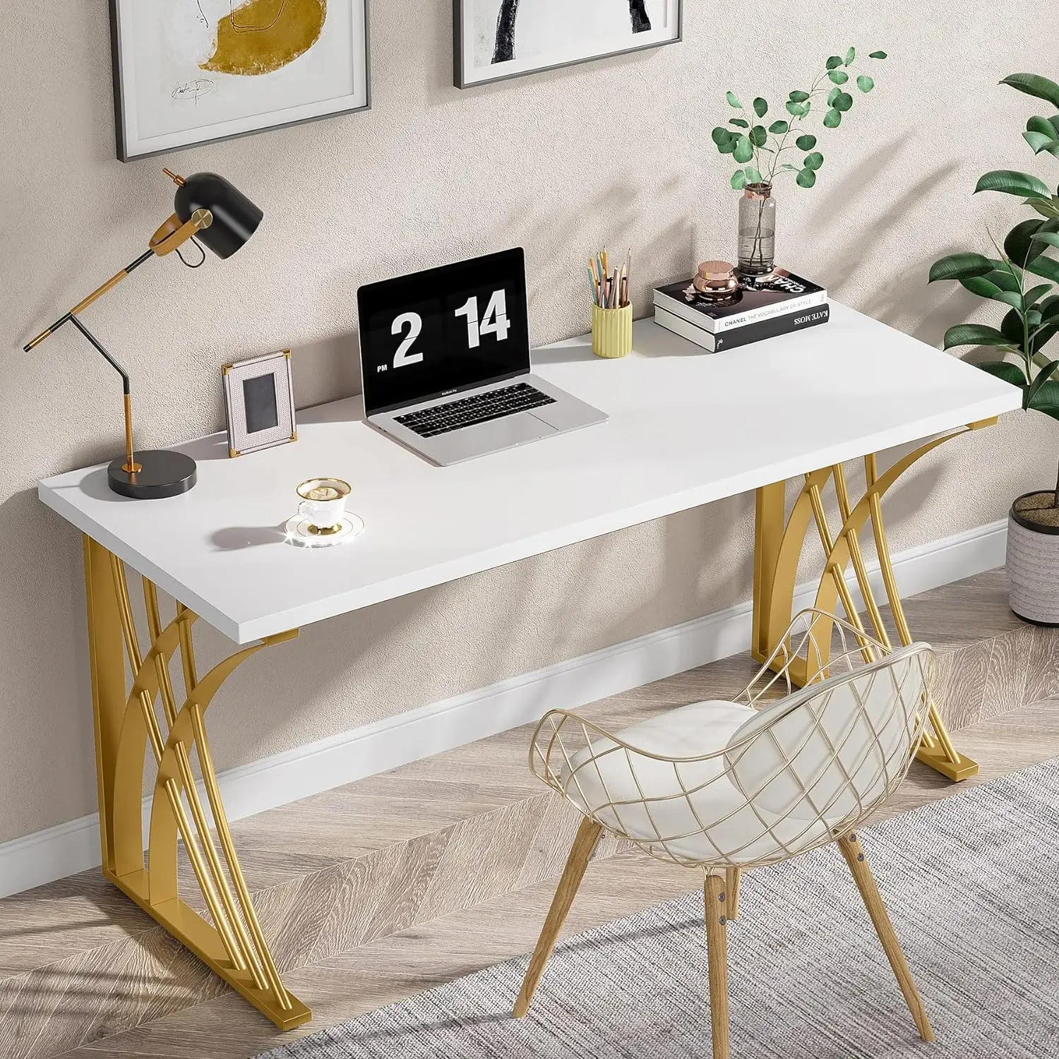 Tribesigns 55" Large Modern Computer Desk, White & Gold Luxury Laptop PC Student Table, with Thick Frame & Strong Legs, Sturdy Writing Workstation for