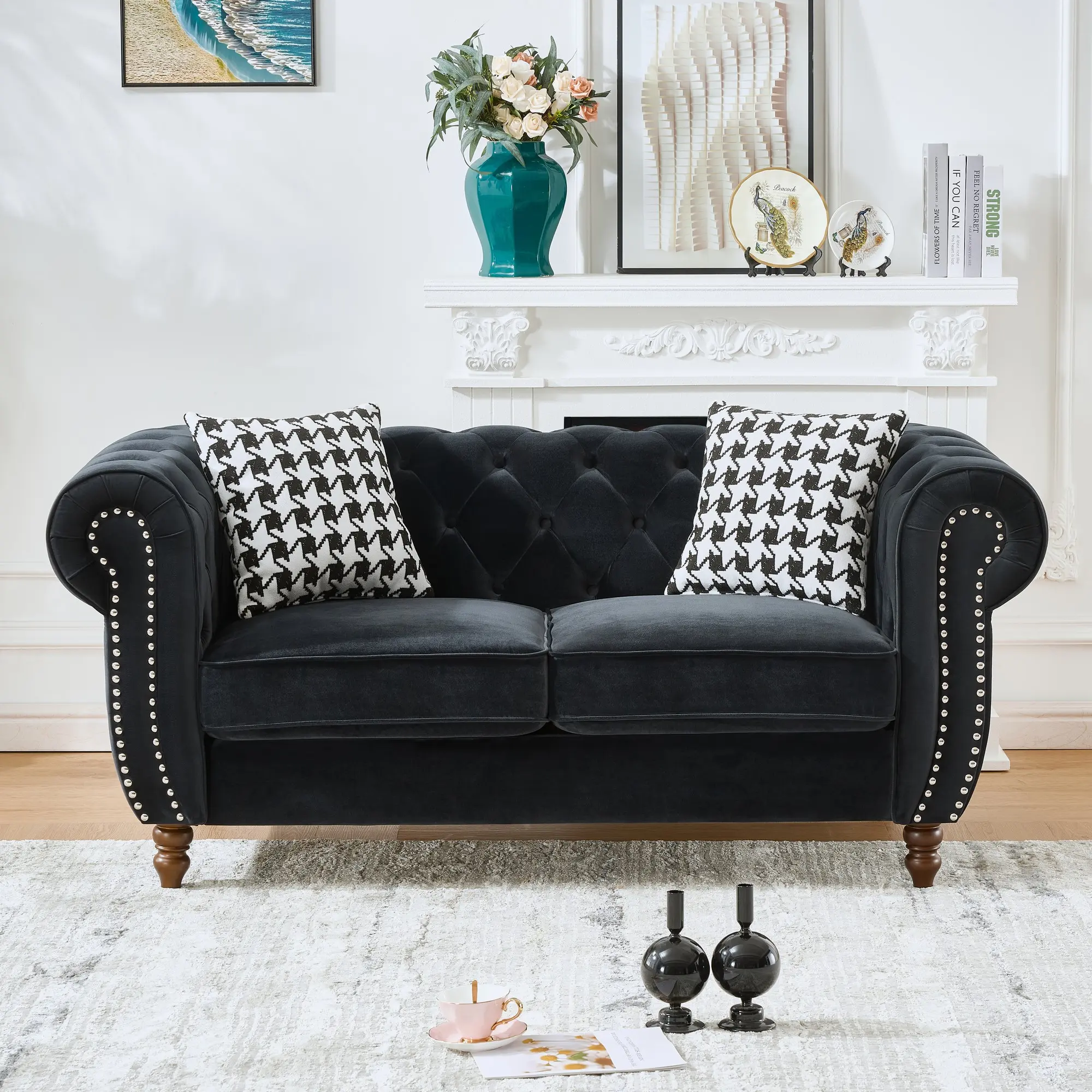 2-Seater Velvet Upholstered Loveseat with Rolled Arms & Nailhead Trim, Mid-Century Modern Couch for Living Room, Office, Apartment, Black, Wood Frame, Foam Cushions