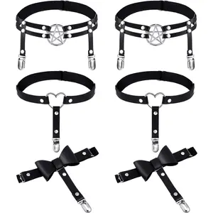 6 Pcs Anti Slip Clips Elastic Peach Heart Garter Belt Adjustable Thigh Ring Heart Star Shaped Butterfly Leather Rivet Garter Belt Fashion Accessories