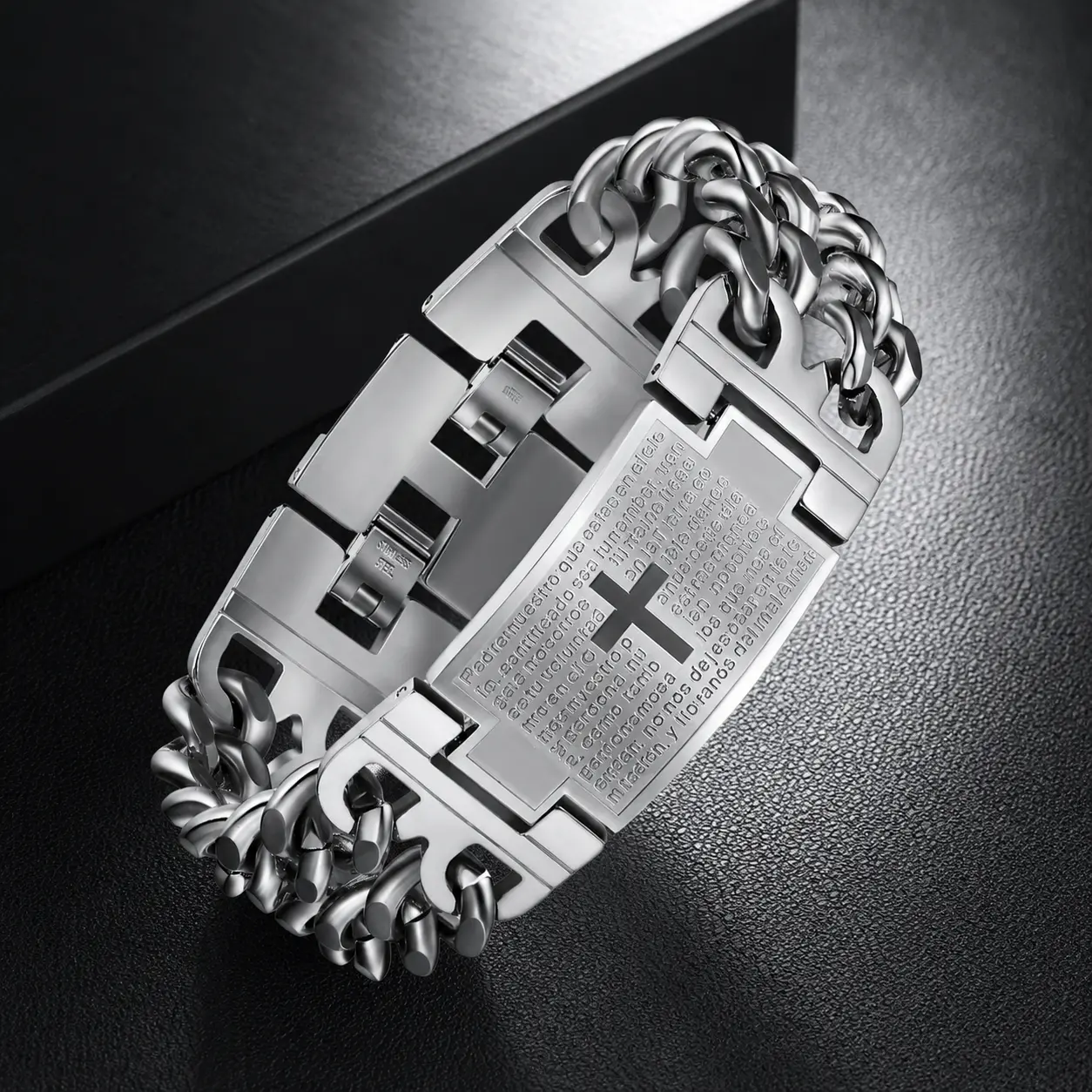 Men's Stainless Steel Cuban Link Cross Bracelet, Double Chain Prayer Engraved Bracelet, Religious Christian Jewelry Gift for Men