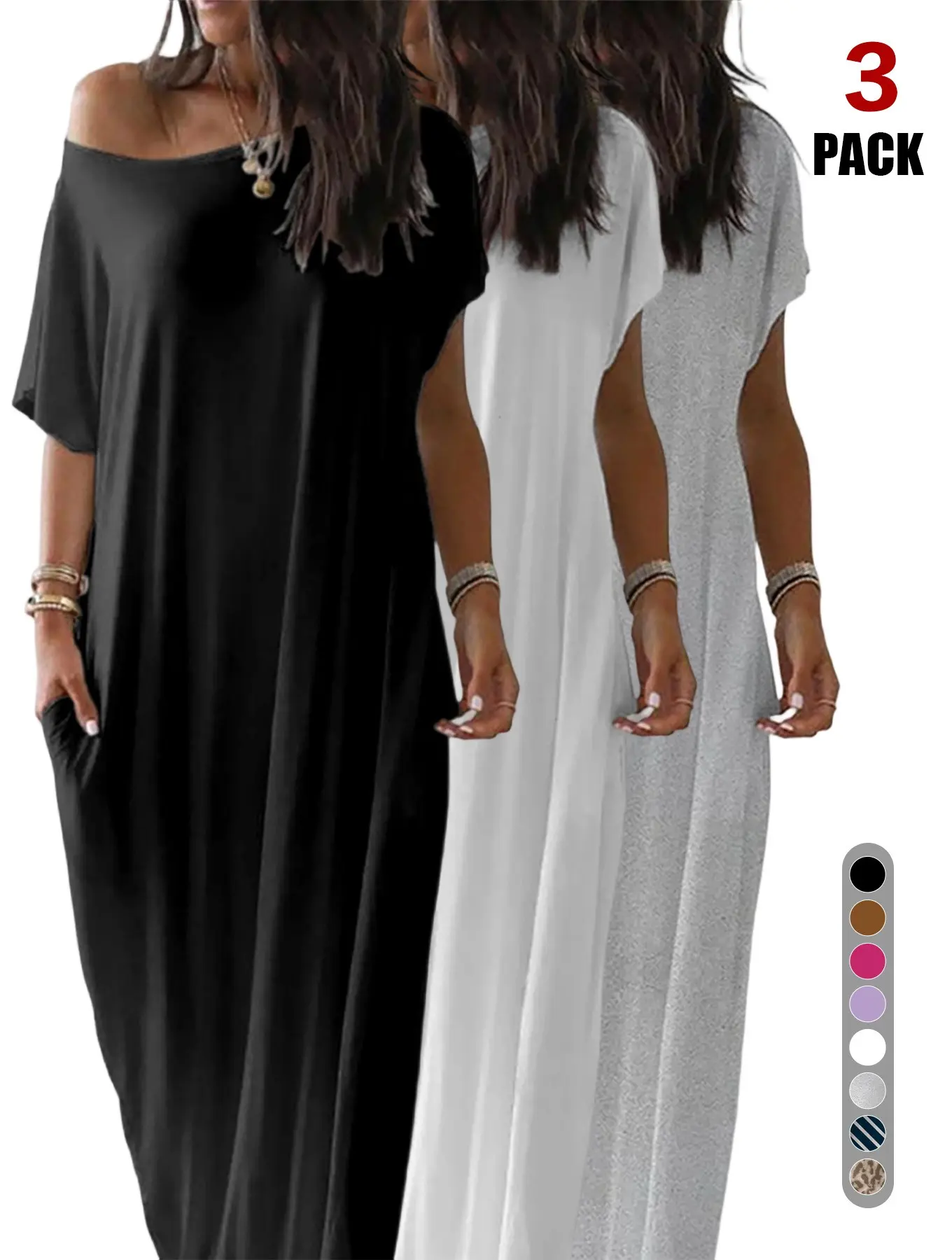 Women's Cozy Oversized Off-Shoulder Loose Fit, Half Sleeve, Long Dress, Casual Boho Chic Wear, Elegance, Womenswear, Available in Multiple Colors