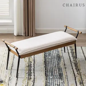 CHAIRUS Modern Chenille Entryway Bench, Upholstered End of Bed Bench with Arms Classic Bedroom Ottoman Bench with Metal Legs Elegant Footstool for Entrance Living Room, White