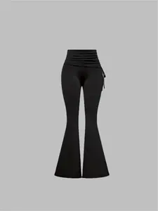 Women's Solid Color Tie Side Flare Leg Pants, Casual Fashion Pants, Casual Bohemian Trousers, Casual Comfy Bell Bottom for Daily Wear, Ladies Bottoms for All Seasons