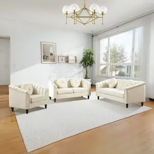 White Microfiber 3-Piece Couch Set, Plush Upholstered Living Room Furniture, Modern Sofa Perfect for Home Theater, Family Room & Small Space Decor