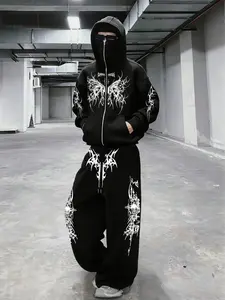 Gothic Streetwear Set, Black Zip - Up Fitted Long Sleeves Hoodie, Pants, White Graphic Print, Perfect for Black Friday & Cyber Monday Deals, Ideal for Edgy Outfits and Christmas Gift Ideas