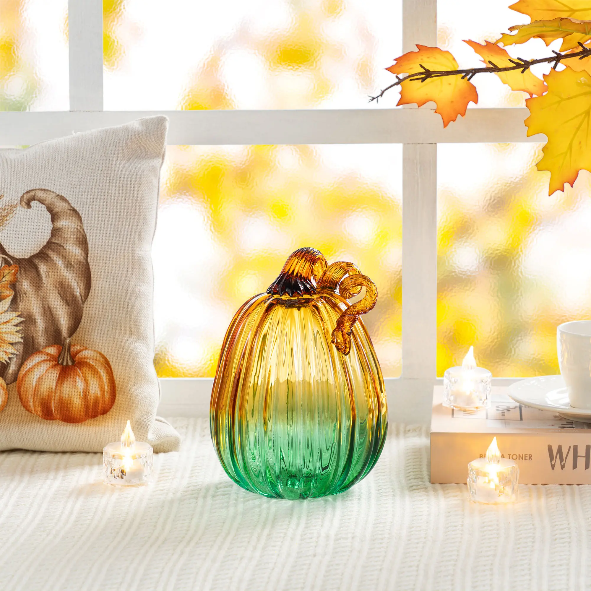 Glitzhome 7 in Gradient Turquoise Glass Pumpkin Decor, Drop-Proof Festive Centerpiece for Home & Party Pumpkin Centrepieces, Artificial Pumpkin Centrepieces