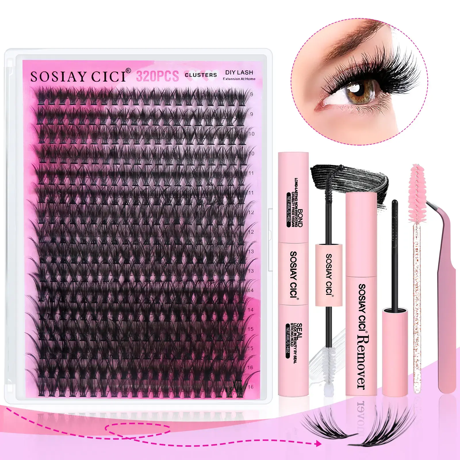 Eyelash Clusters Kit, DIY 40D D Curl Individual Cluster Lashes (320 Pcs, 9-16mm Mixed Length Reusable) with Bond, Sealant, Remover, Brush & Complete Tools