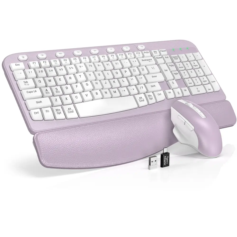SABLUTE MA12 Ergonomic Keyboard & Mouse Combo - Wave Key, Leather Palm Rest, 2.4G Wireless, 8 Hotkeys, USB-A/C, Silent Mouse, Dual System Compatible, Non-Bluetooth, Easy Setup(non-bluetooth)