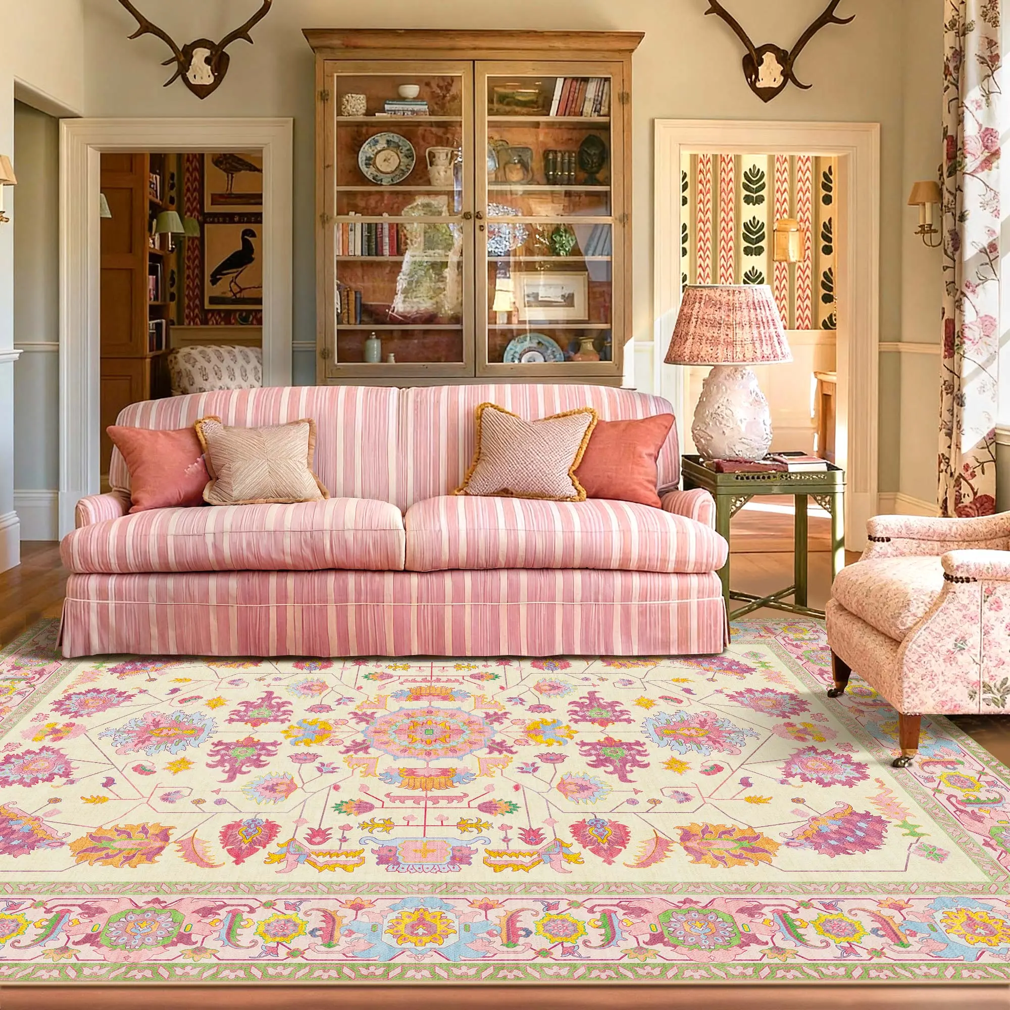 6x9 Vintage Botanical Cream Rose Living Room Area Rug Oriental Washable Boho Farmhouse Oushak Turkish Tradiotional Soft Non-Slip Butter Yellow Sage Green Floral Bedroom Nursery Sunroom Home Office